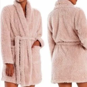 Natori Robe L Plush Teddy Bear Short Belted Rose Pink Pockets